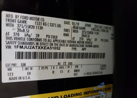 2019 Ford Expedition Limited z USA, uszkodzony, nr VIN 1FMJU2ATXKEA51052